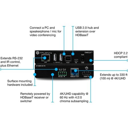 Atlona Omega 4K; Uhd HDMI Over Hdbaset Transmitter With Usb; Control And AT-OME-EX-TX